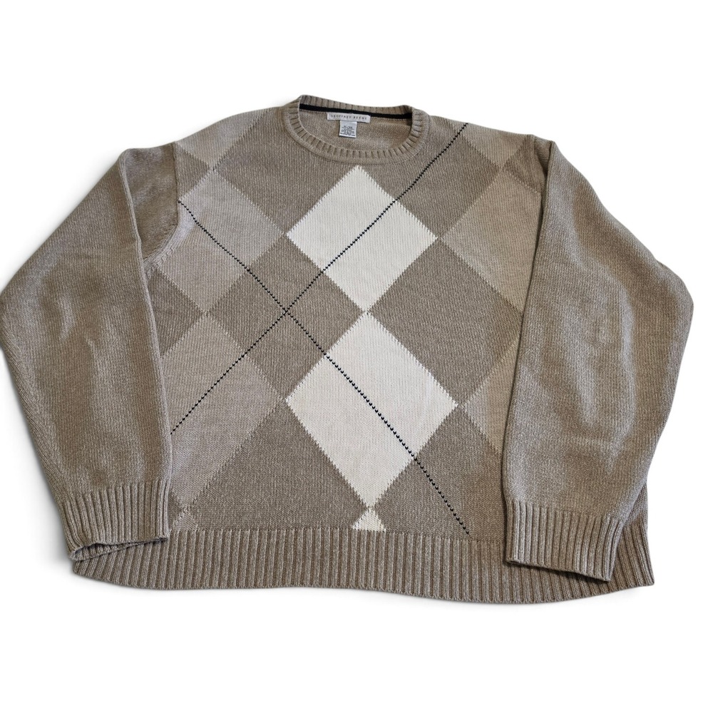 Vintage Y2K Geoffrey Beene Knit Crewneck Sweater 100% Cotton Men's XL Tan Argyle